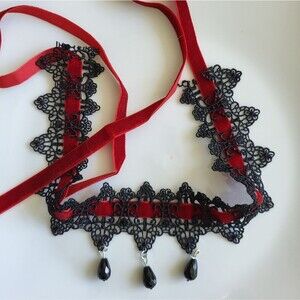 Black Lace & Red Velvet Gothic Choker with Bead Drops